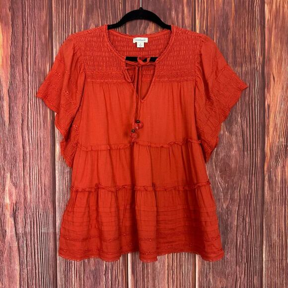 Sundance Top Womens Size Small Orange Antonia Tiered Smocked V Neck Short Sleeve - Picture 3 of 7